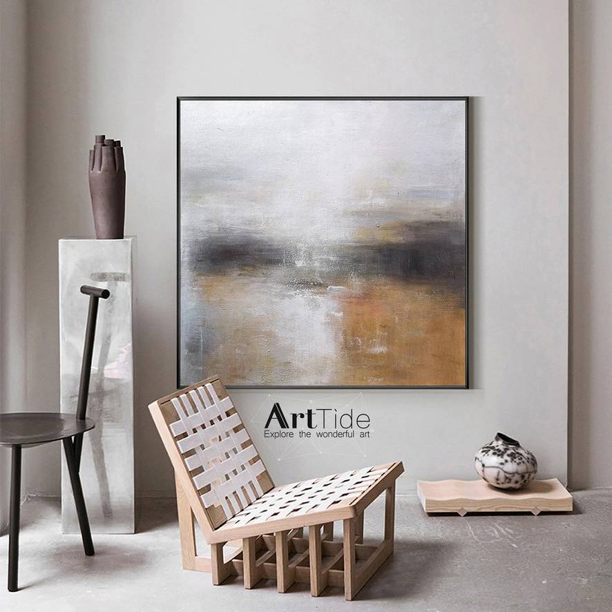 Neutral Handmade Morning Entryway Grey Abstract Canvas Wall Art WG8Q0
